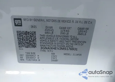 2021 Chevrolet Equinox Fwd Ls из США, поврежденный, VIN 3GNAXHEV2MS176931